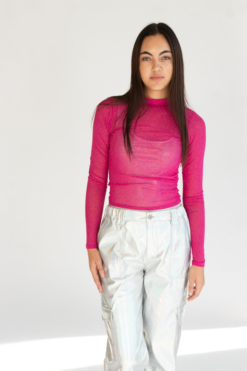 Fuchsia Glitter Mock Neck Long Sleeve Top