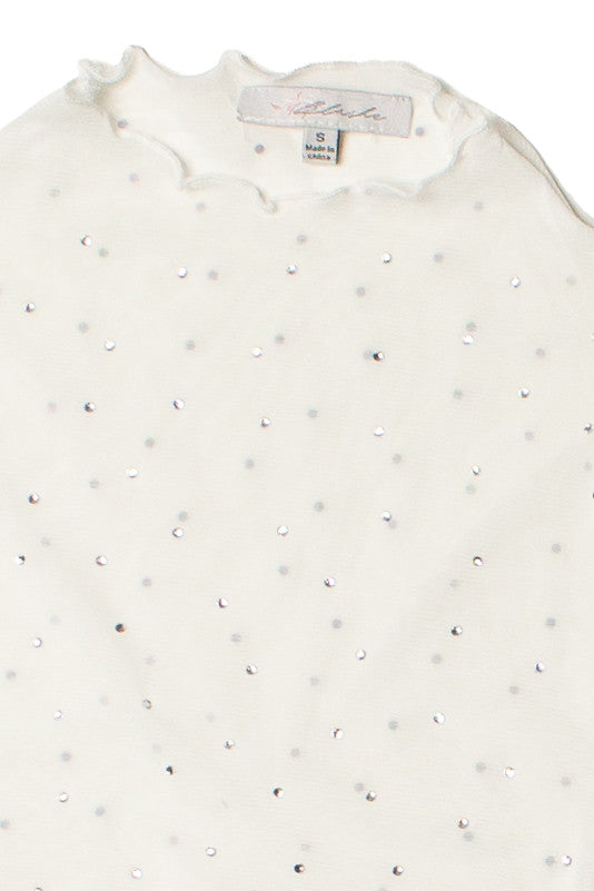 Long Sleeve Fur Trim Rhinestone Mesh Top