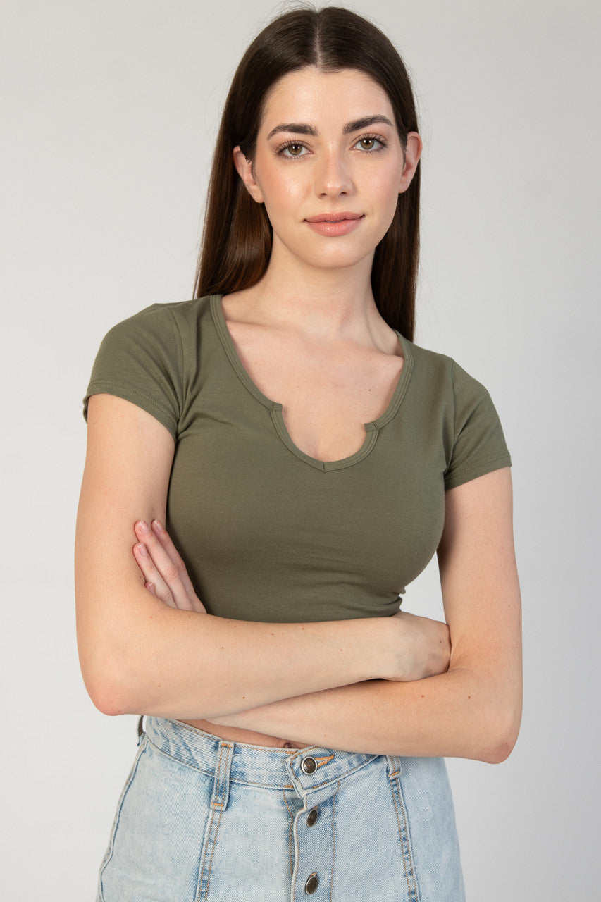 Army Notched Neck Crop T-Shirt