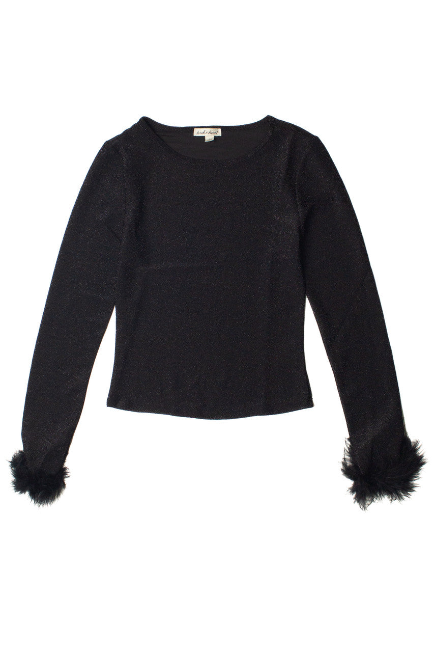 Feather Trim Glitter Long Sleeve Top