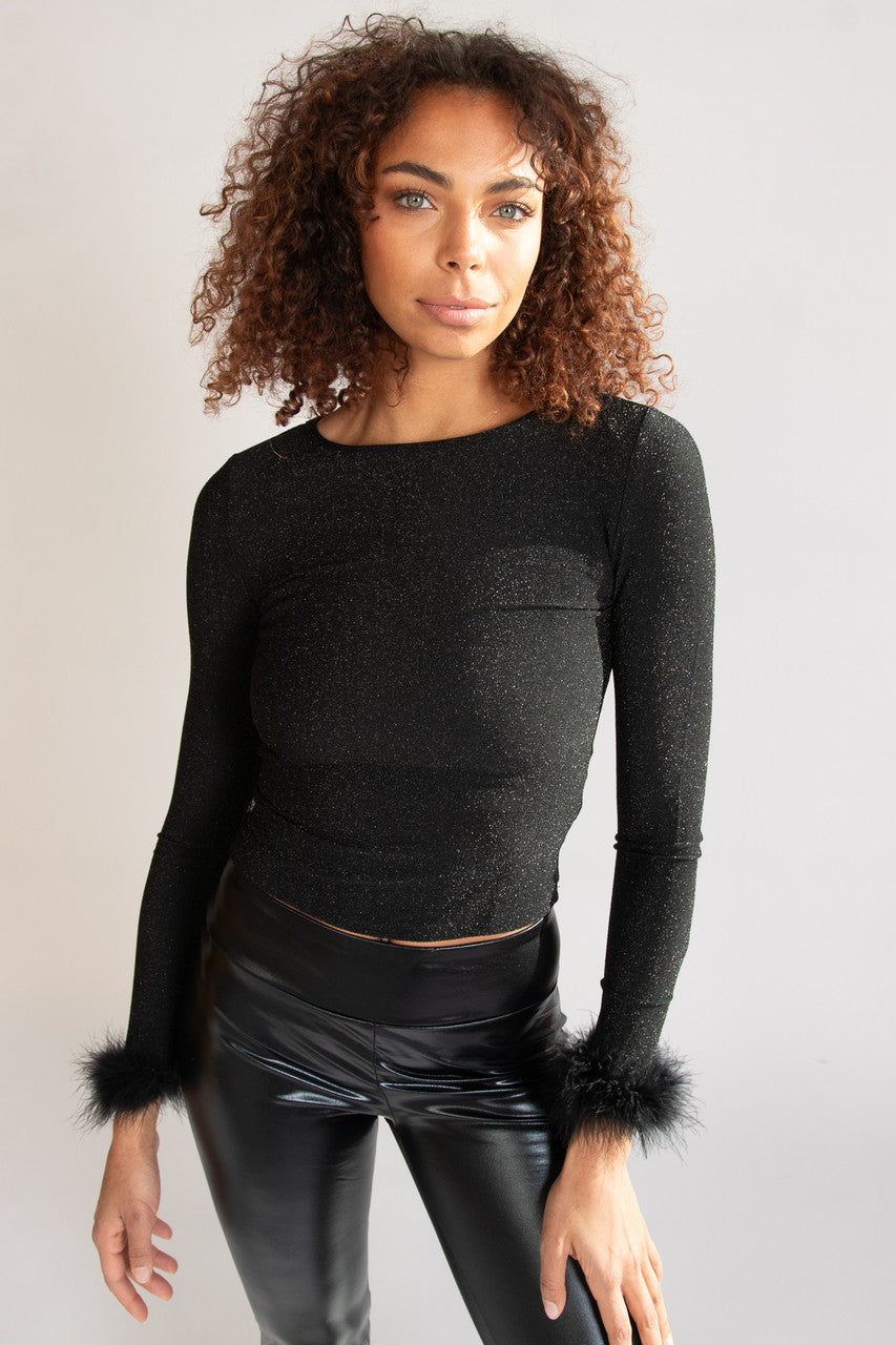 Feather Trim Glitter Long Sleeve Top