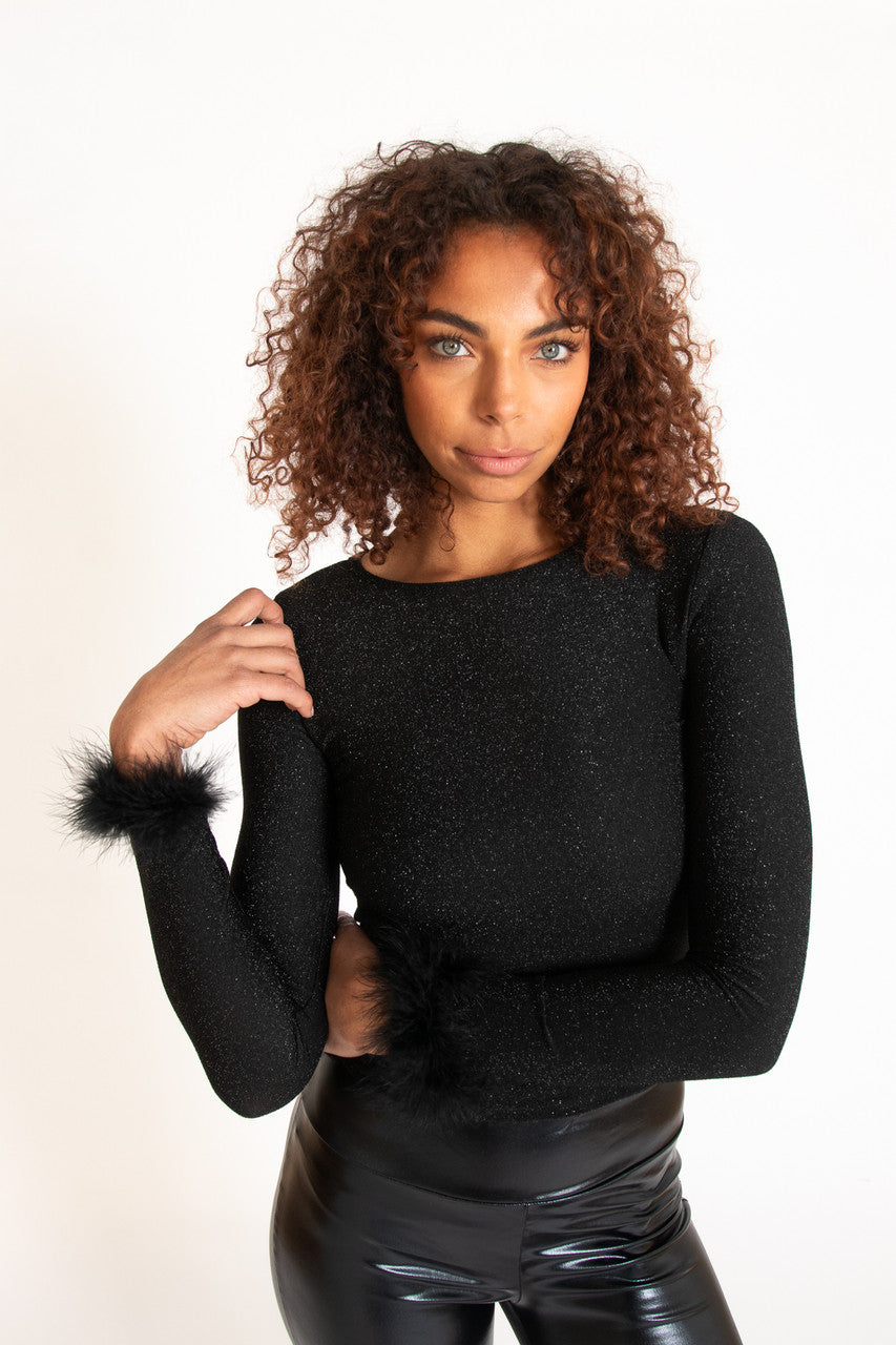 Feather Trim Glitter Long Sleeve Top