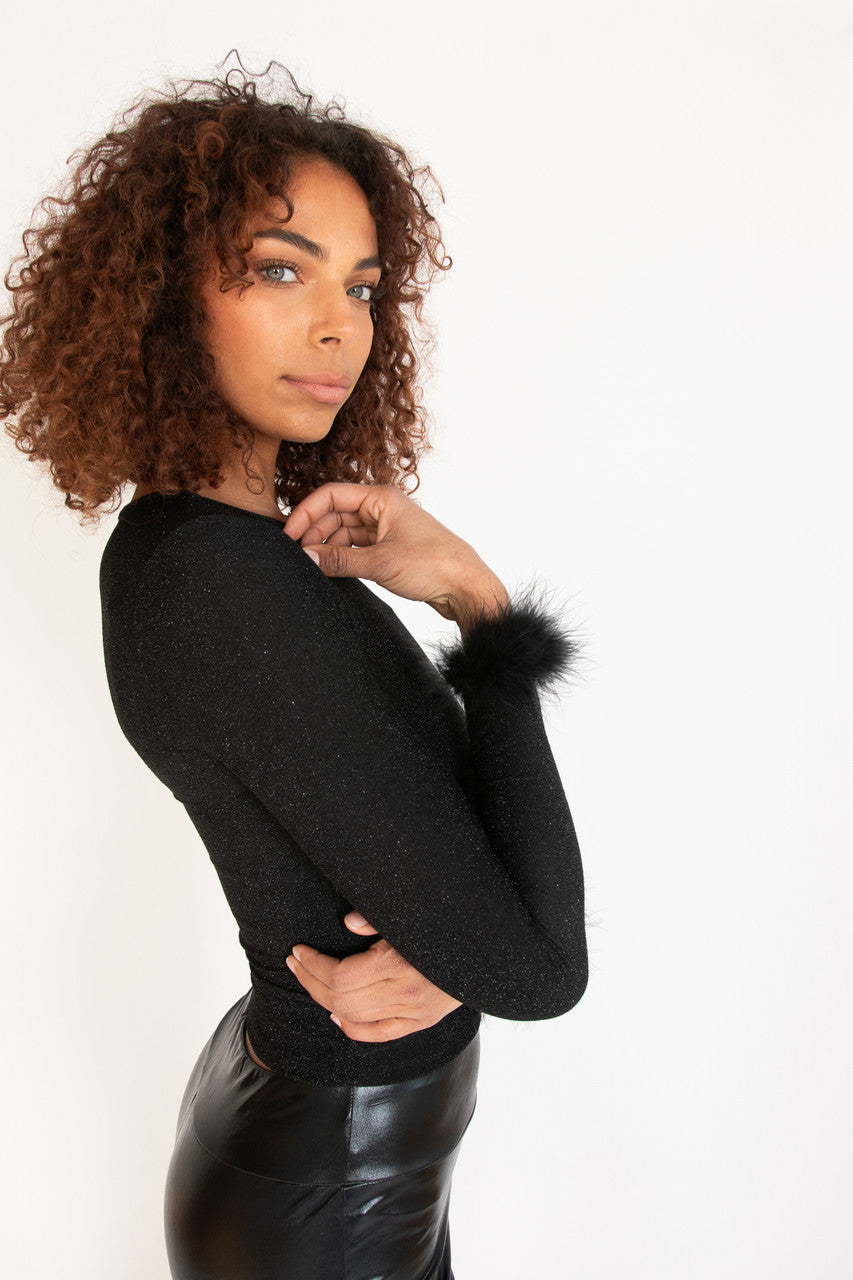 Feather Trim Glitter Long Sleeve Top