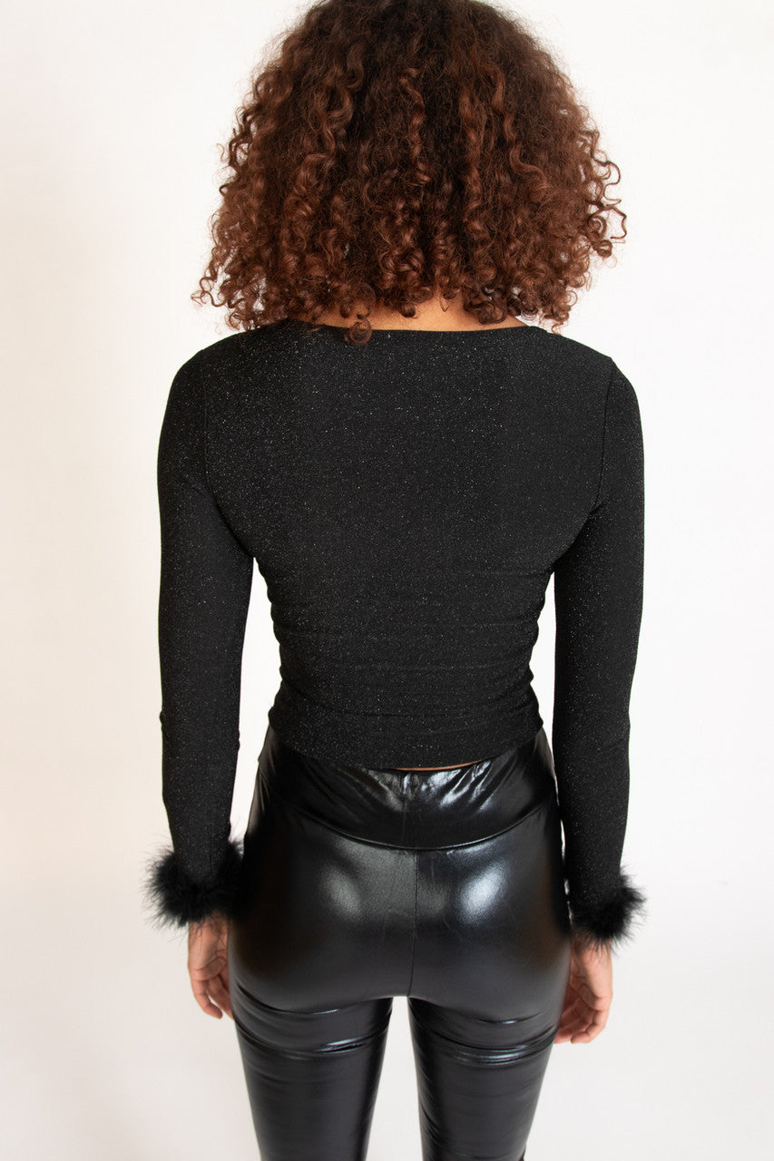 Feather Trim Glitter Long Sleeve Top