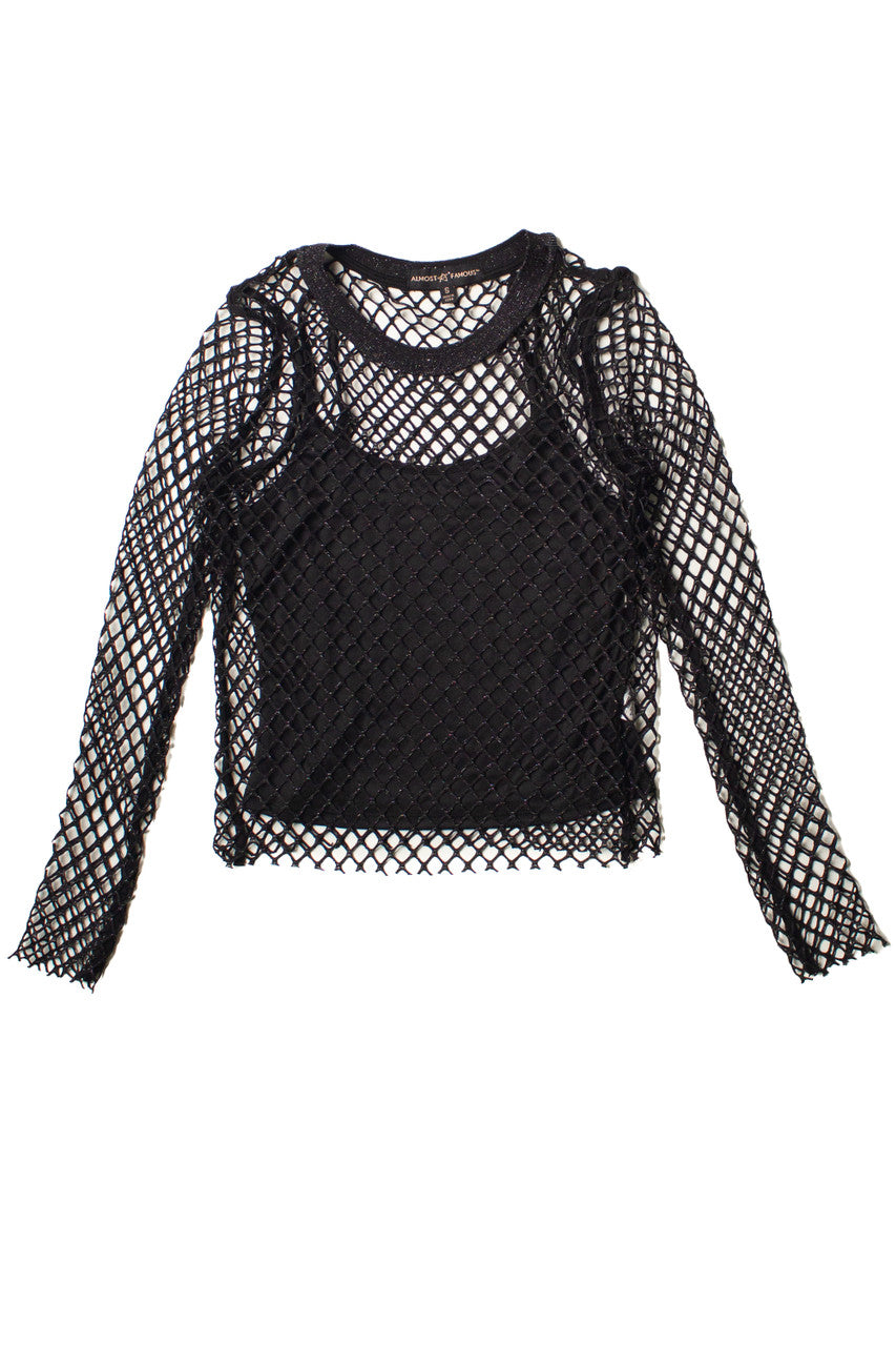 Lurex Fishnet Long Sleeve Top With Cami