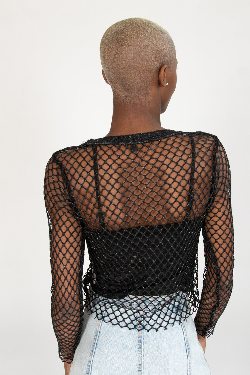 Lurex Fishnet Long Sleeve Top With Cami