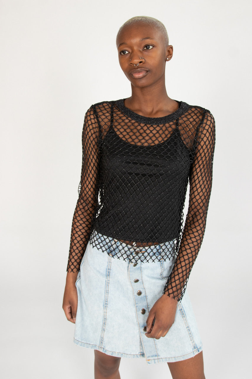Lurex Fishnet Long Sleeve Top With Cami