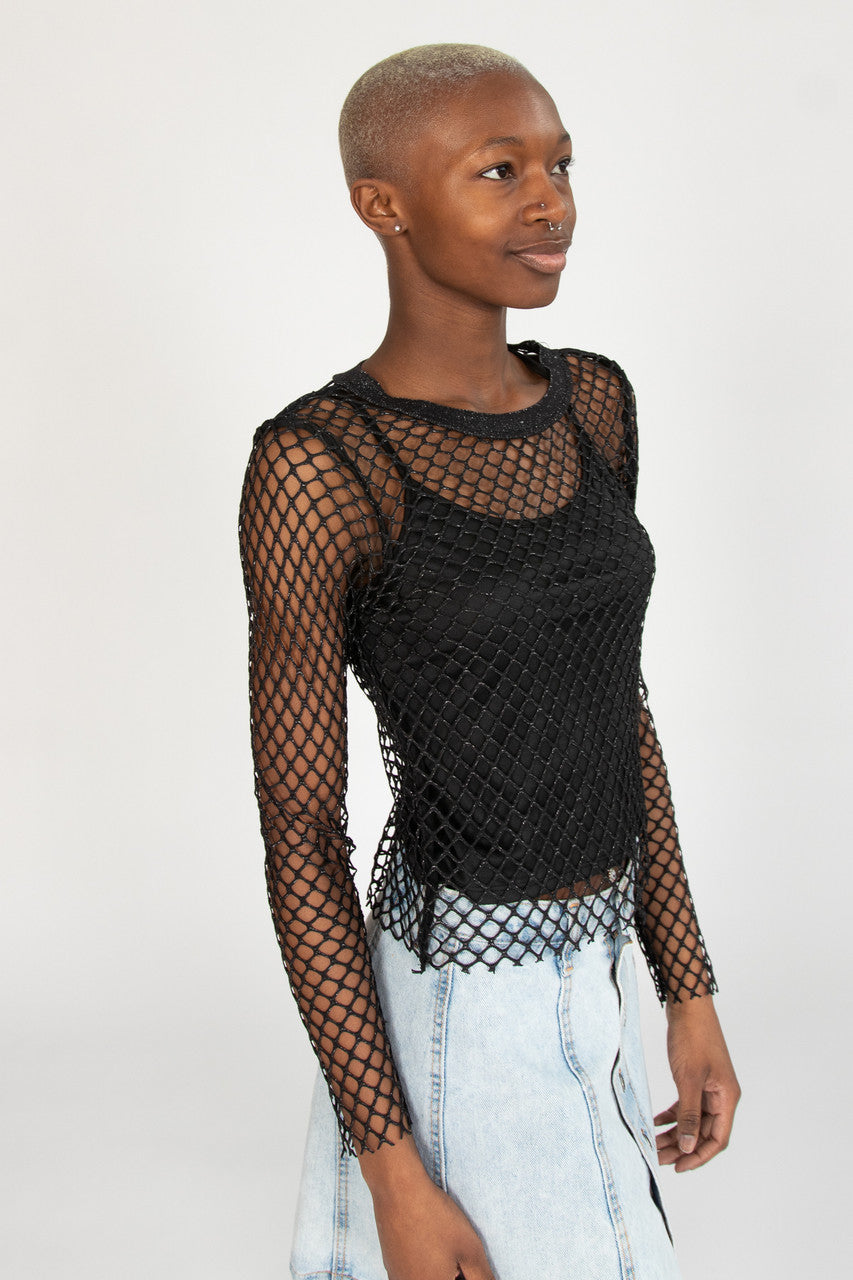 Lurex Fishnet Long Sleeve Top With Cami