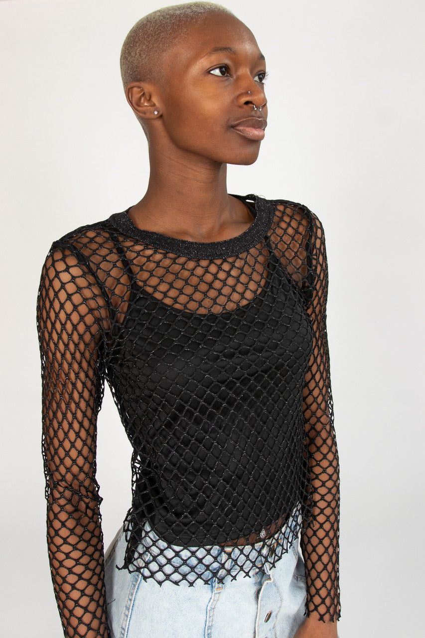 Lurex Fishnet Long Sleeve Top With Cami