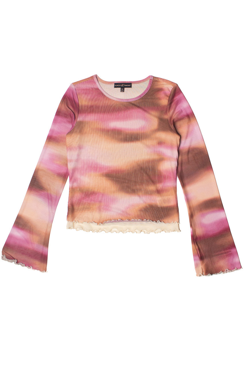 Long Sleeve Double Layer Printed Mesh Top