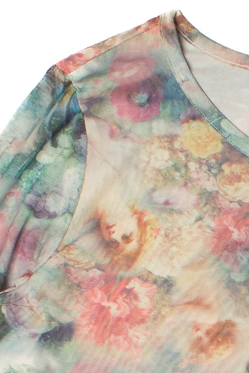 Long Sleeve Double Layer Printed Mesh Top