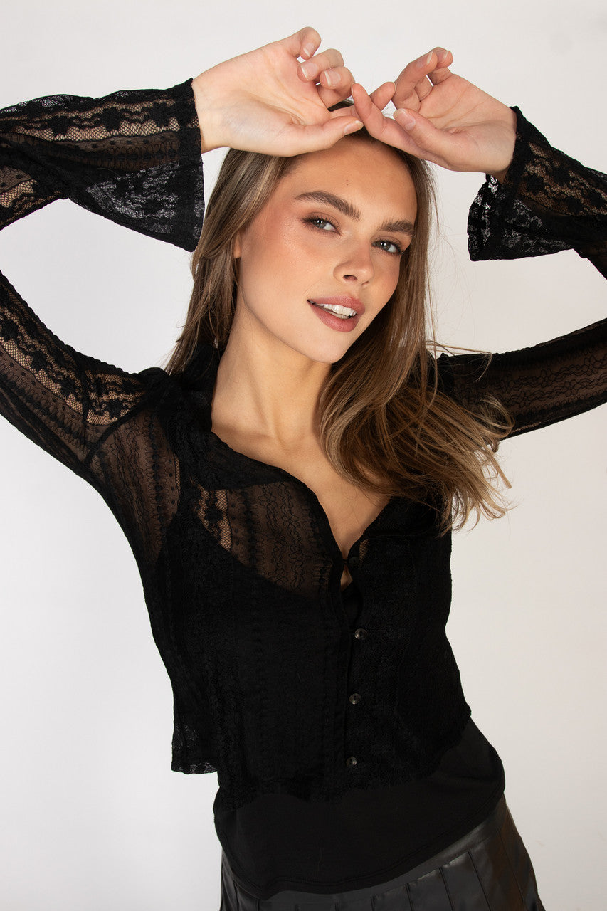Black Lace Button Up Shirt With Cami