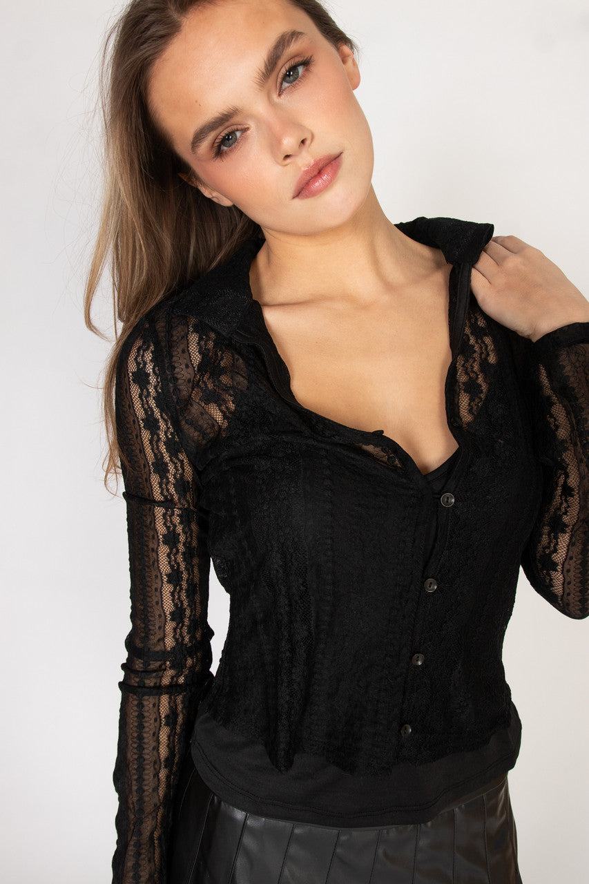 Black Lace Button Up Shirt With Cami