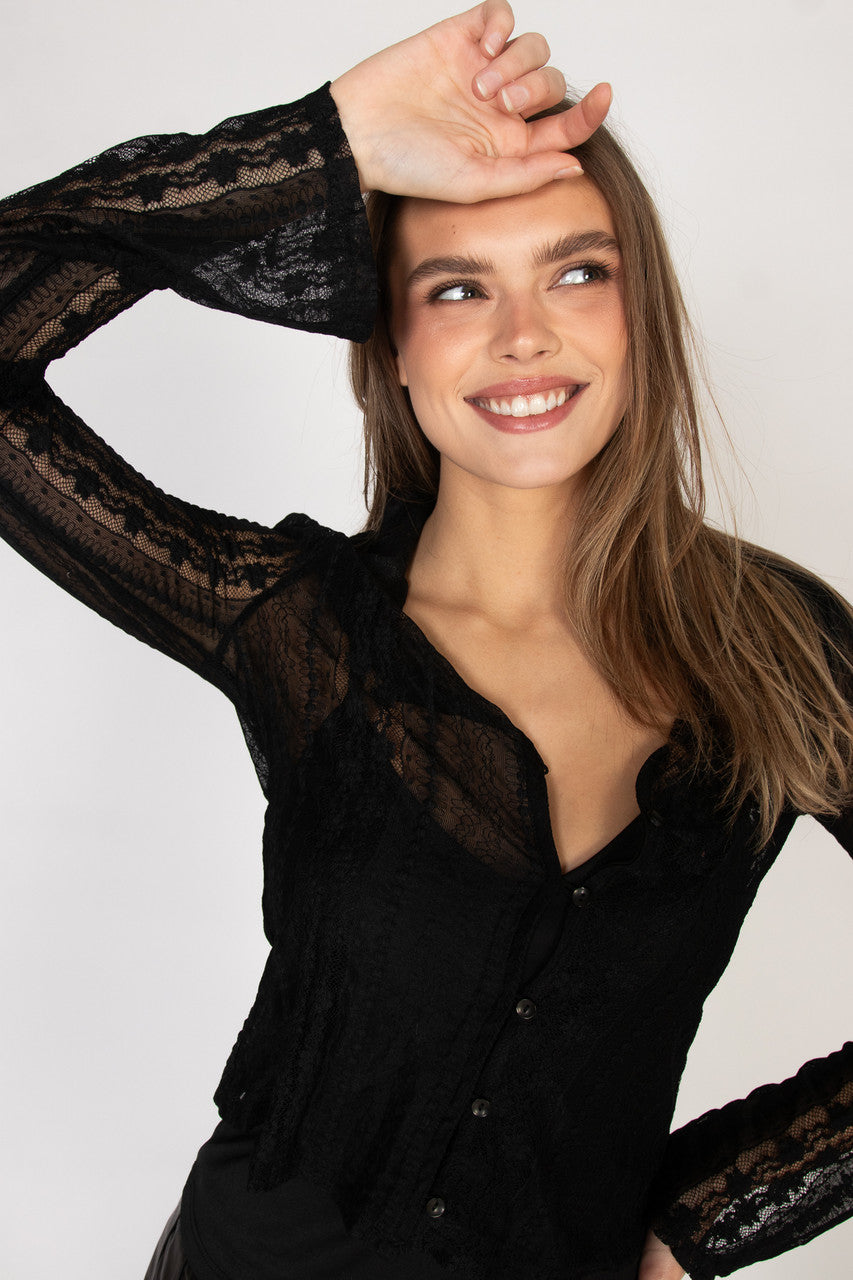 Black Lace Button Up Shirt With Cami