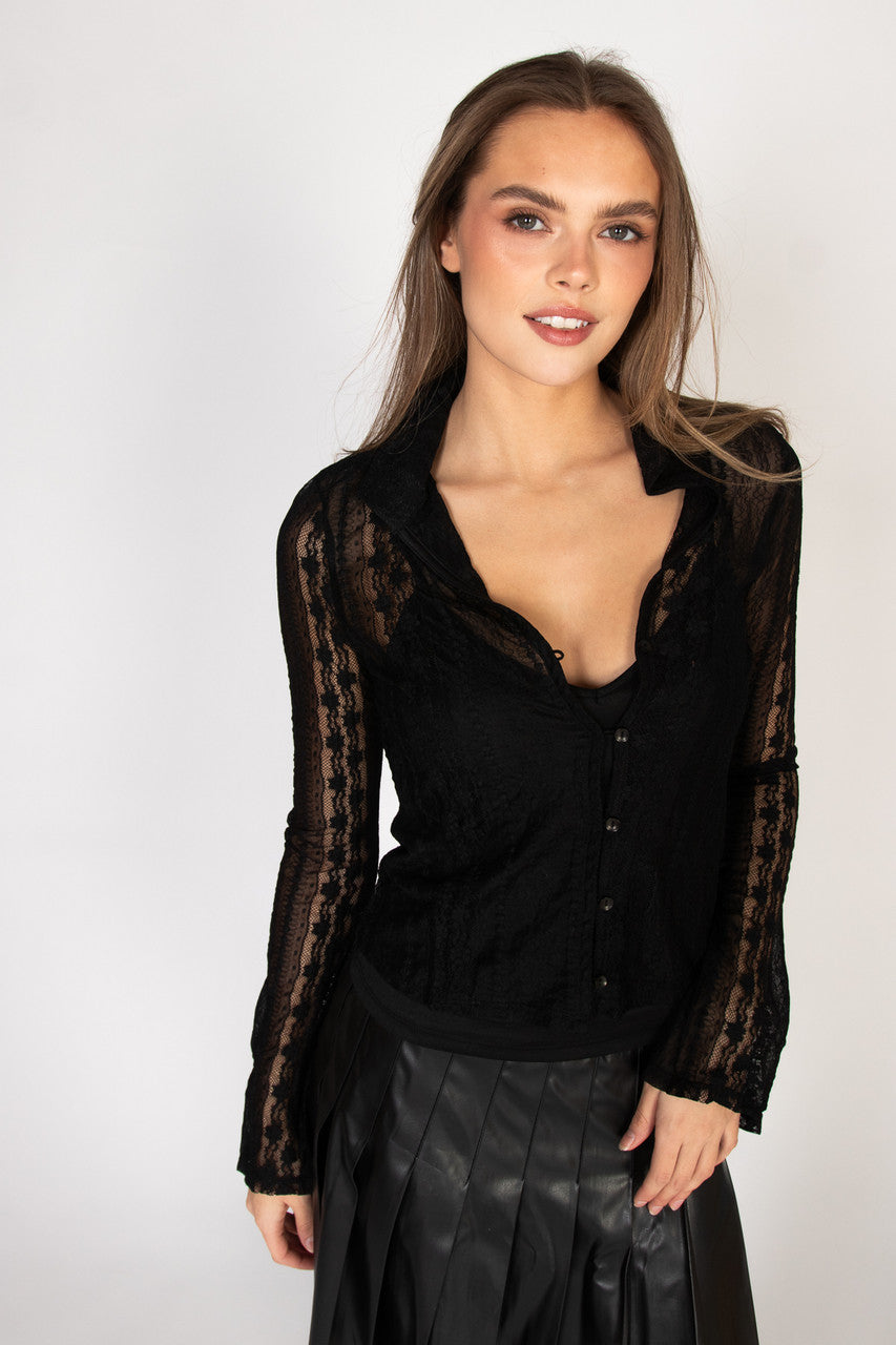 Black Lace Button Up Shirt With Cami