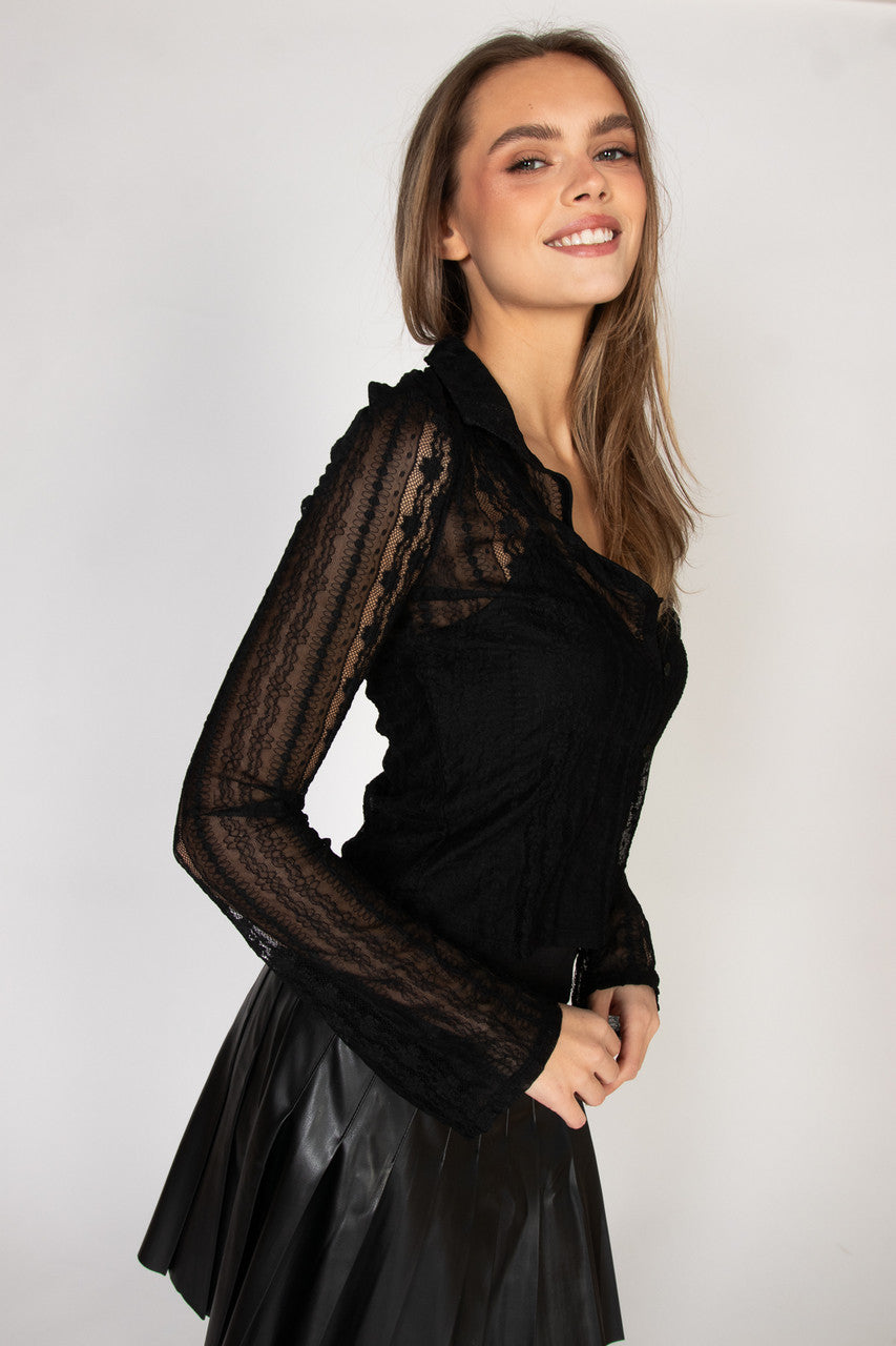 Black Lace Button Up Shirt With Cami