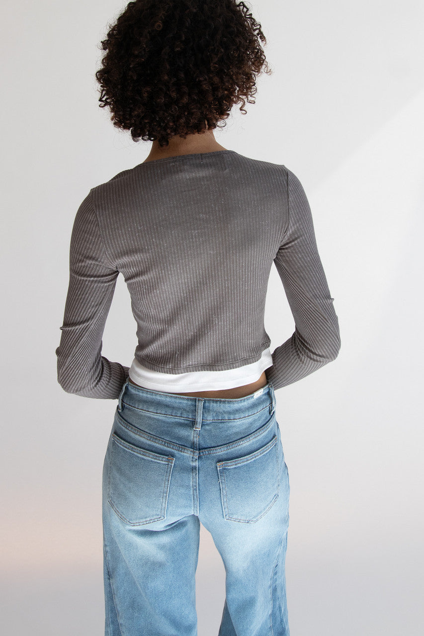 Lace Trim Ribbed Long Sleeve Top