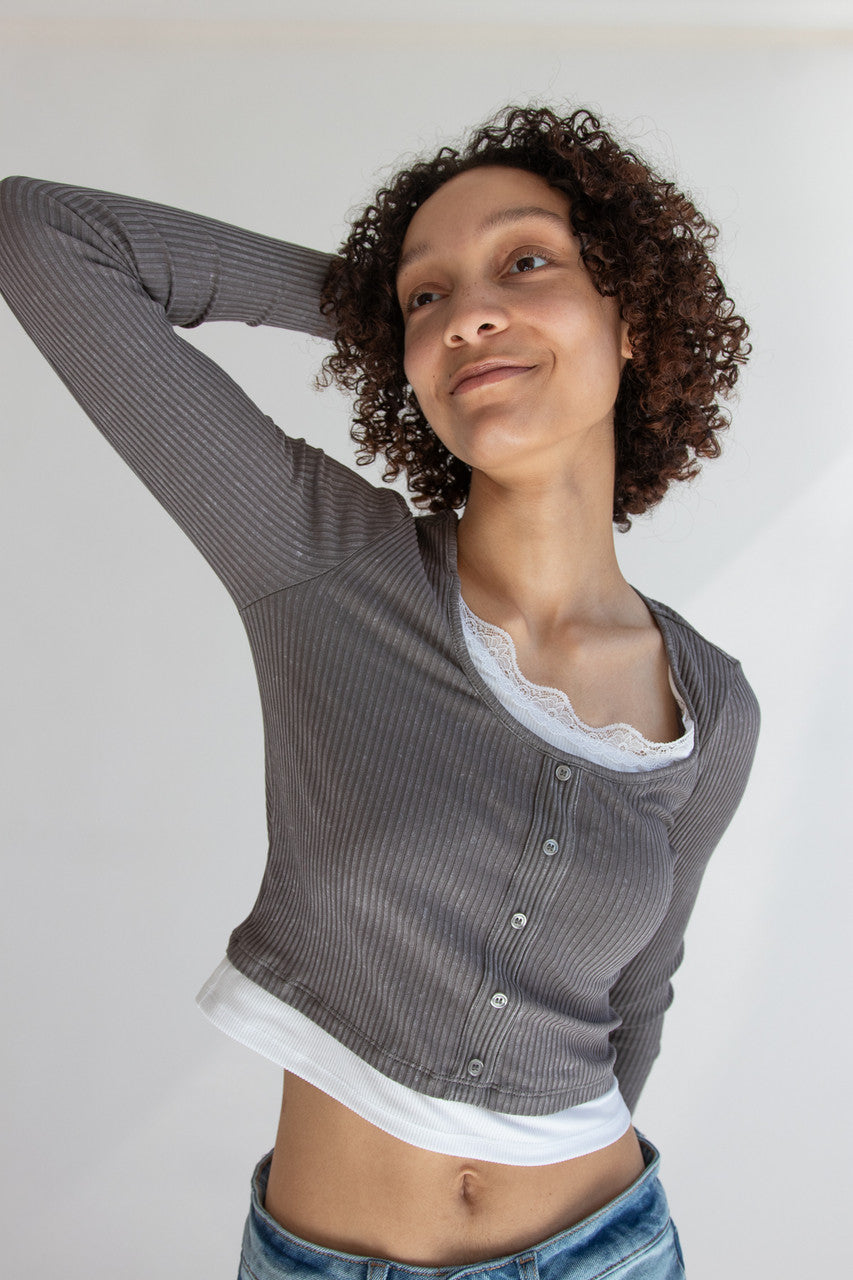 Lace Trim Ribbed Long Sleeve Top