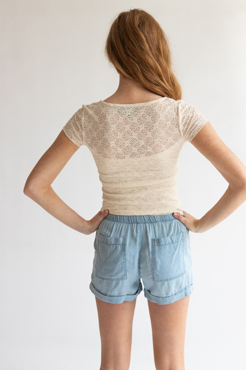 Cinched Tie Front Lace Tee