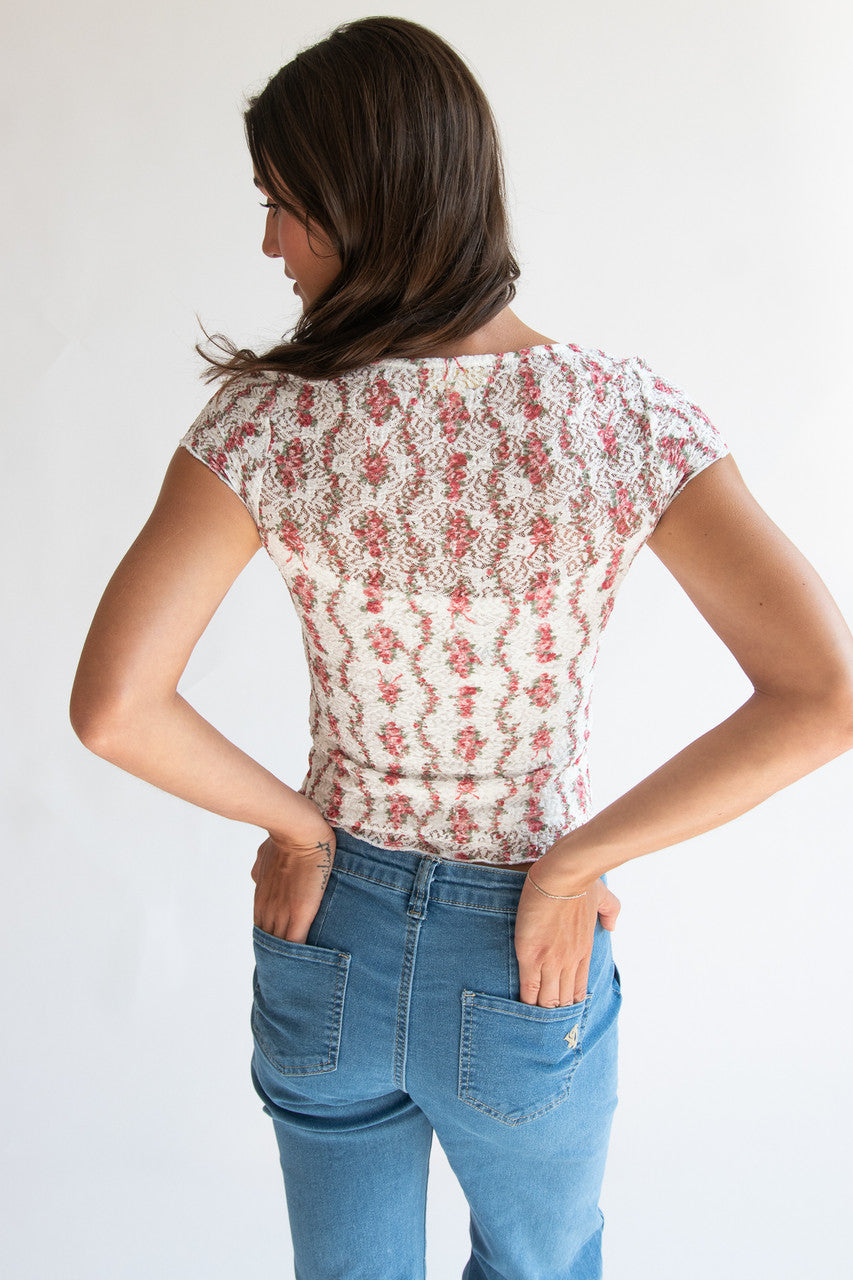 Cinched Tie Front Lace Tee