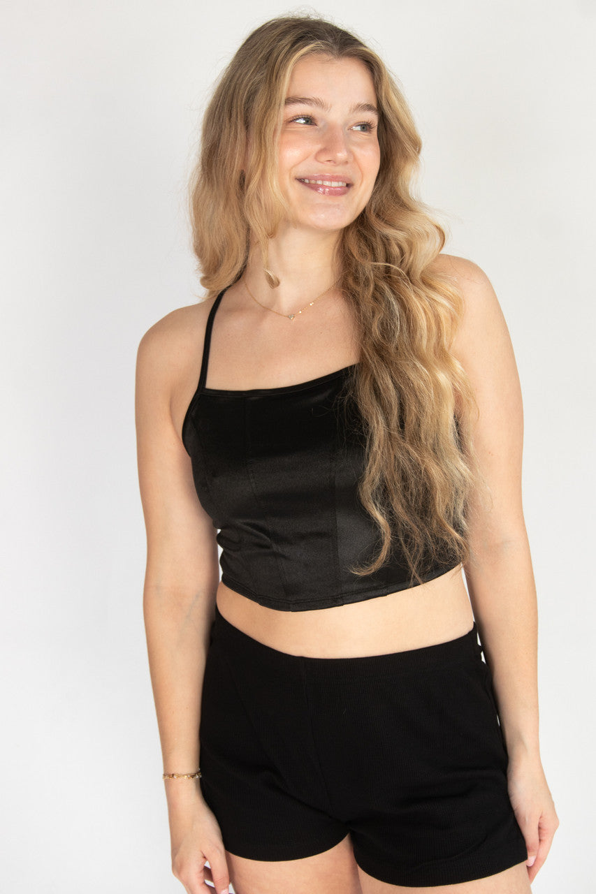 Satin Lace Up Back Crop Top