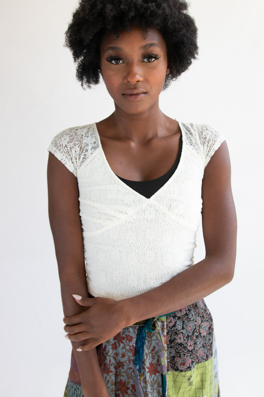 Bow Detail Lace V Neck Top