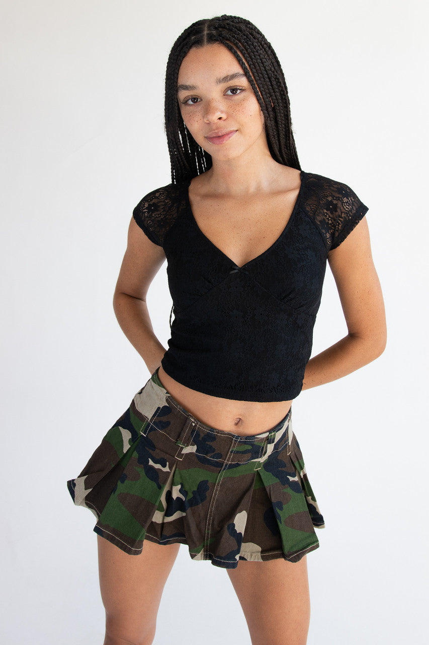 Bow Detail Lace V Neck Top