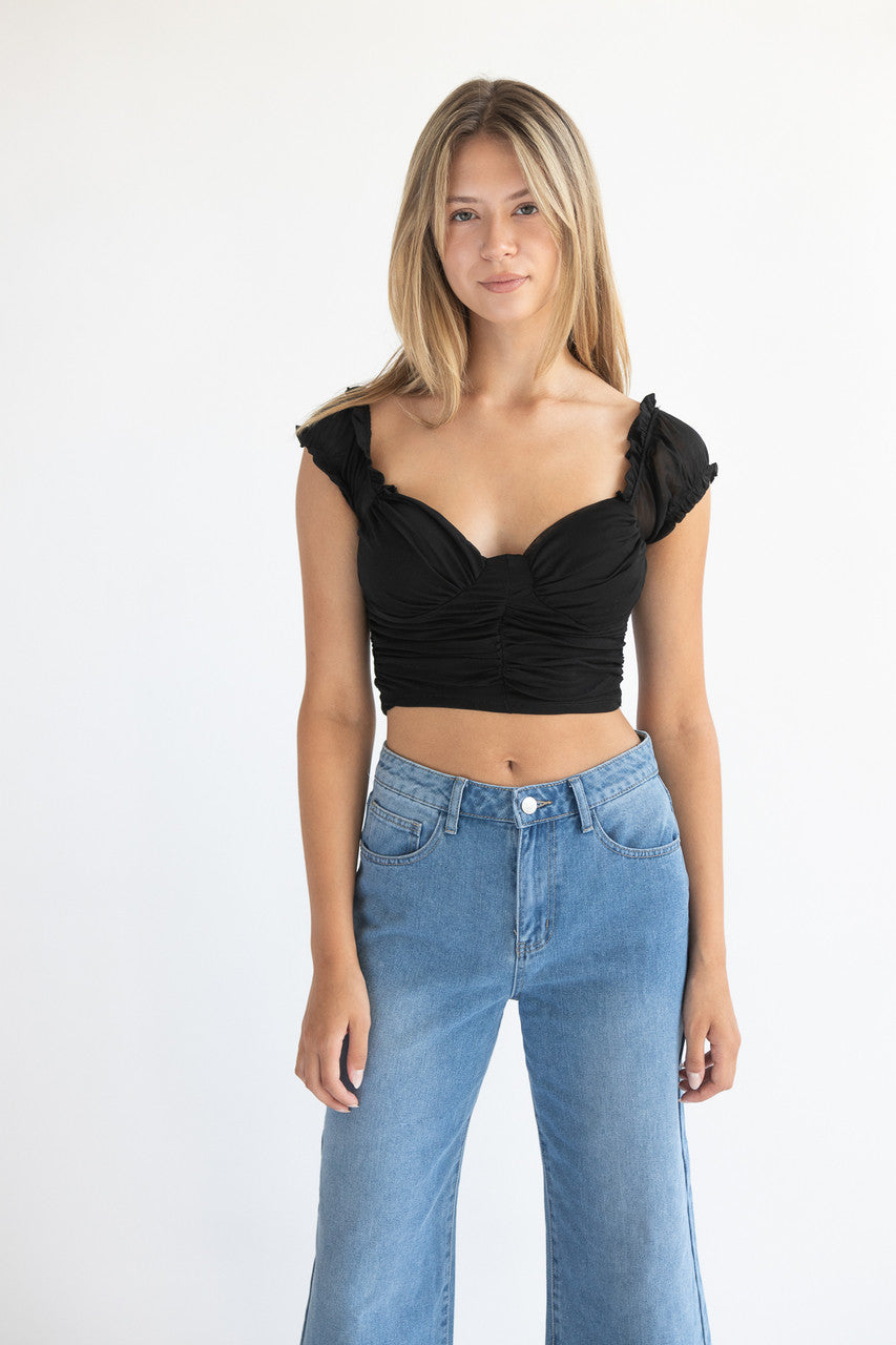 Ruched Front Puff Sleeve Mesh Top