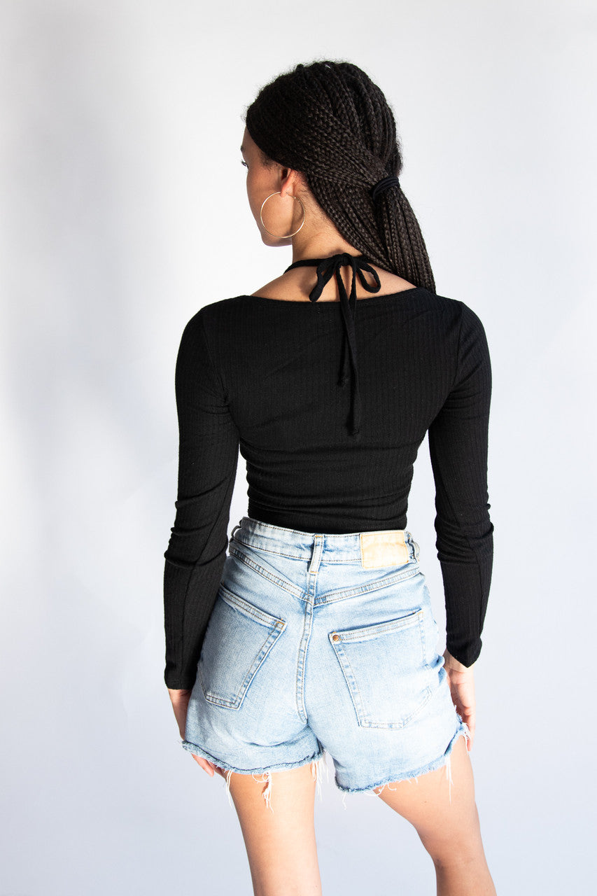 Layered Halter Bow Long Sleeve Top