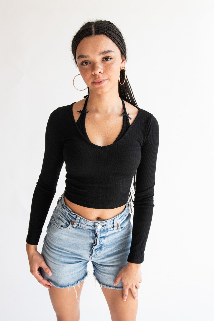 Layered Halter Bow Long Sleeve Top