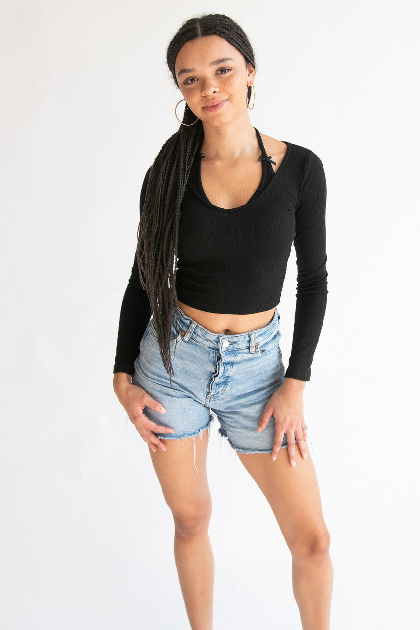 Layered Halter Bow Long Sleeve Top