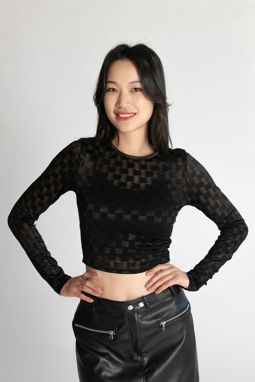 Mesh Checker Long Sleeve Top