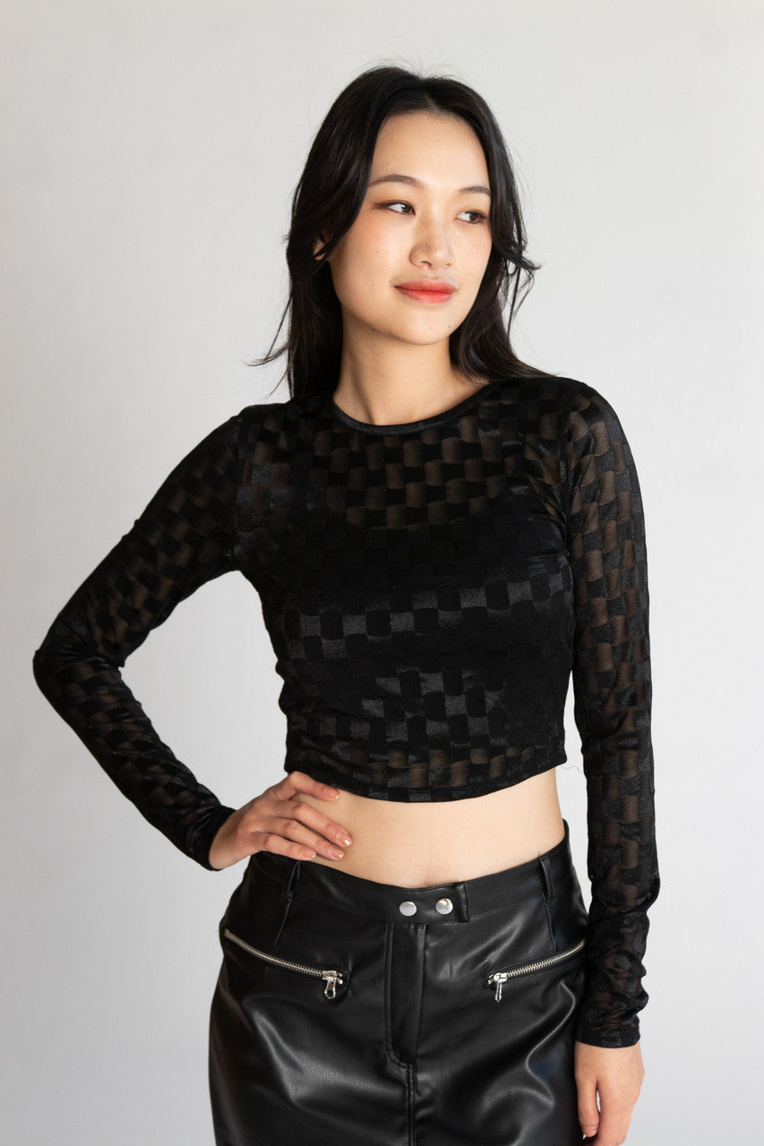 Mesh Checker Long Sleeve Top