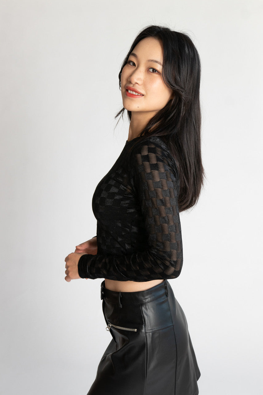 Mesh Checker Long Sleeve Top