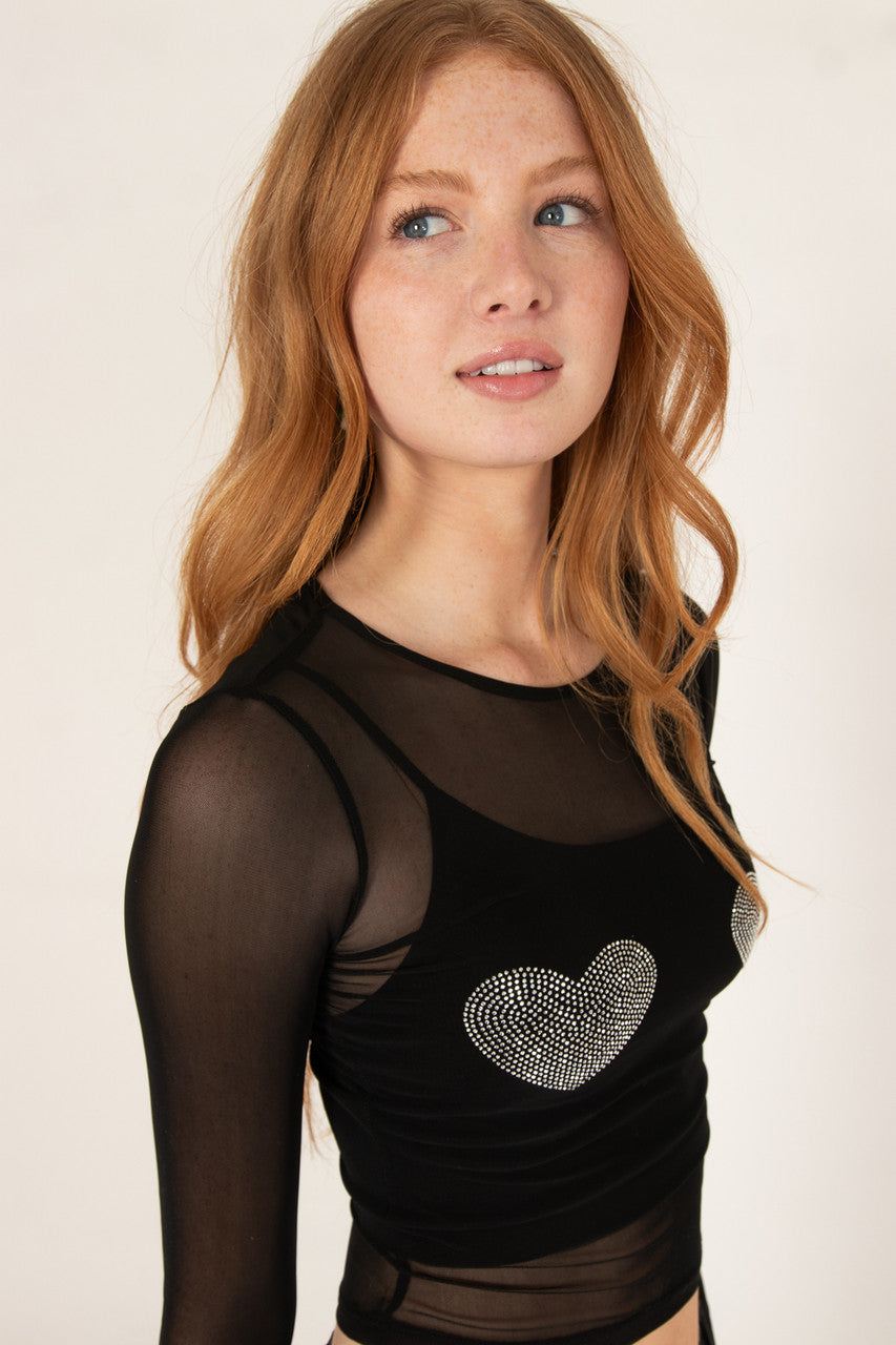 Crystal Hearts Mesh Long Sleeve Top