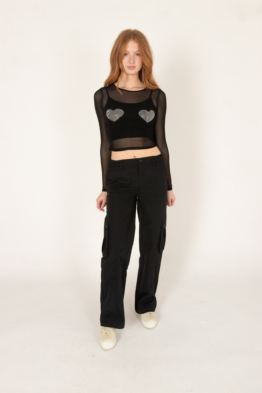 Crystal Hearts Mesh Long Sleeve Top
