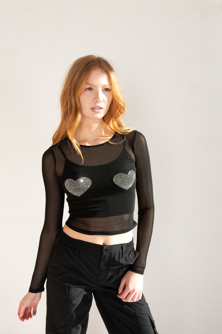Crystal Hearts Mesh Long Sleeve Top