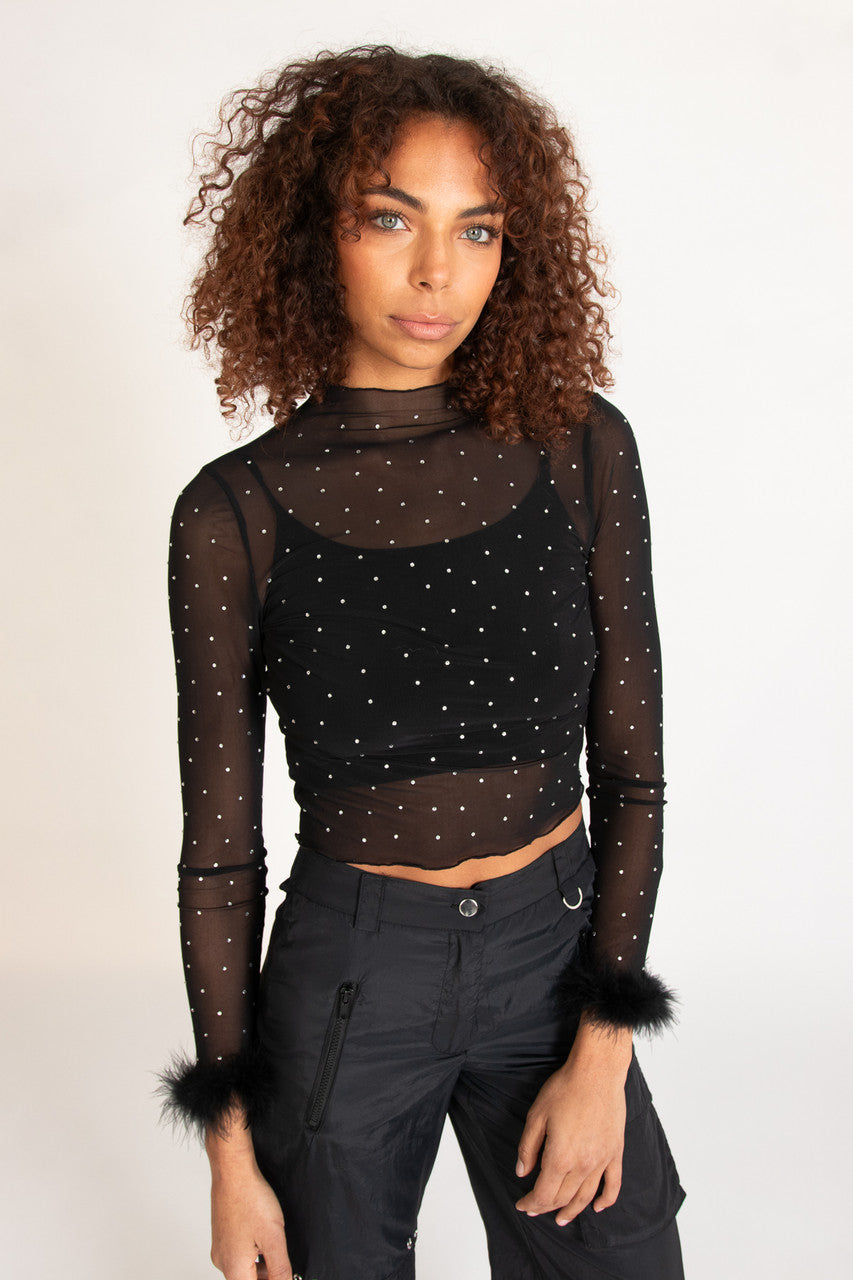 Long Sleeve Fur Trim Rhinestone Mesh Top