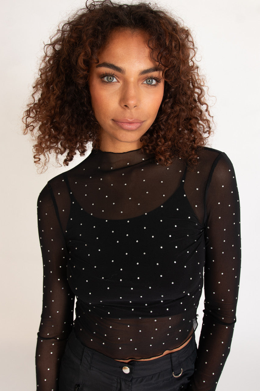 Long Sleeve Fur Trim Rhinestone Mesh Top