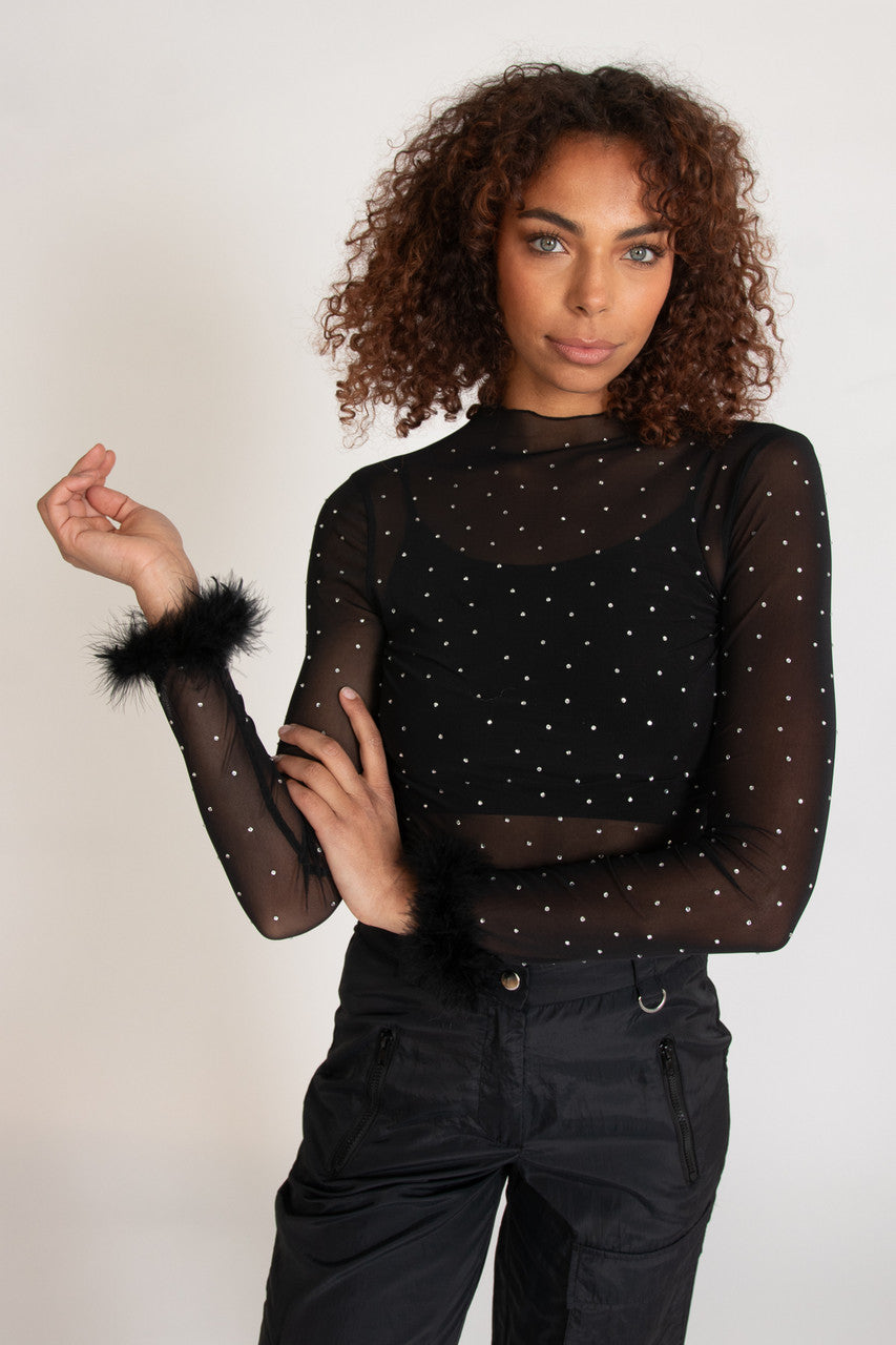 Long Sleeve Fur Trim Rhinestone Mesh Top
