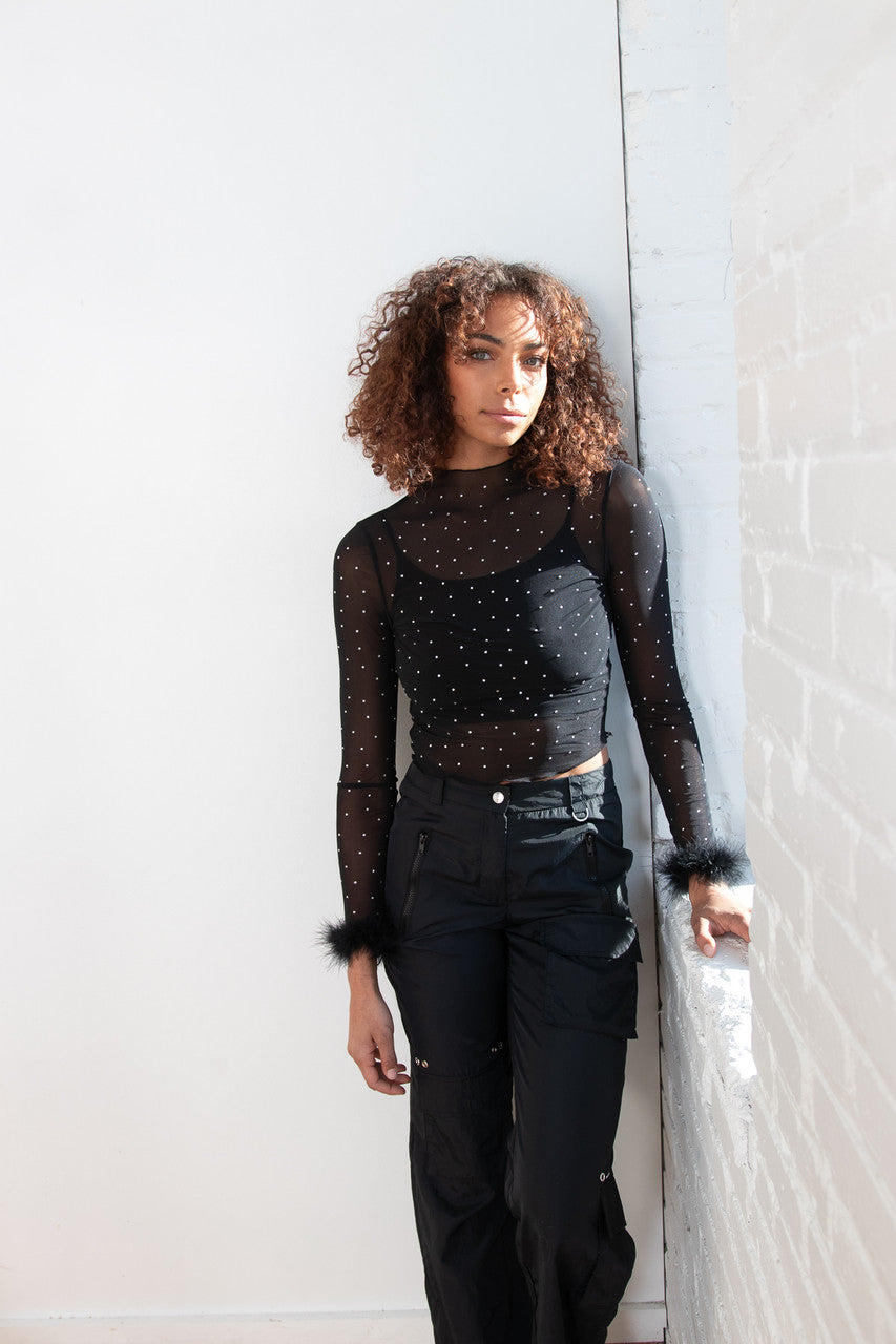 Long Sleeve Fur Trim Rhinestone Mesh Top