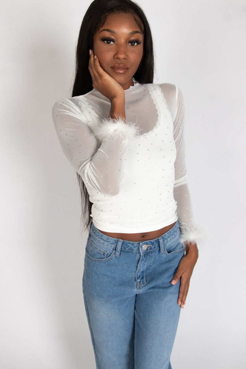 Long Sleeve Fur Trim Rhinestone Mesh Top