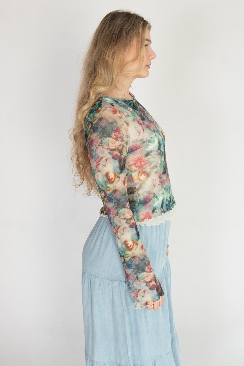 Long Sleeve Double Layer Printed Mesh Top
