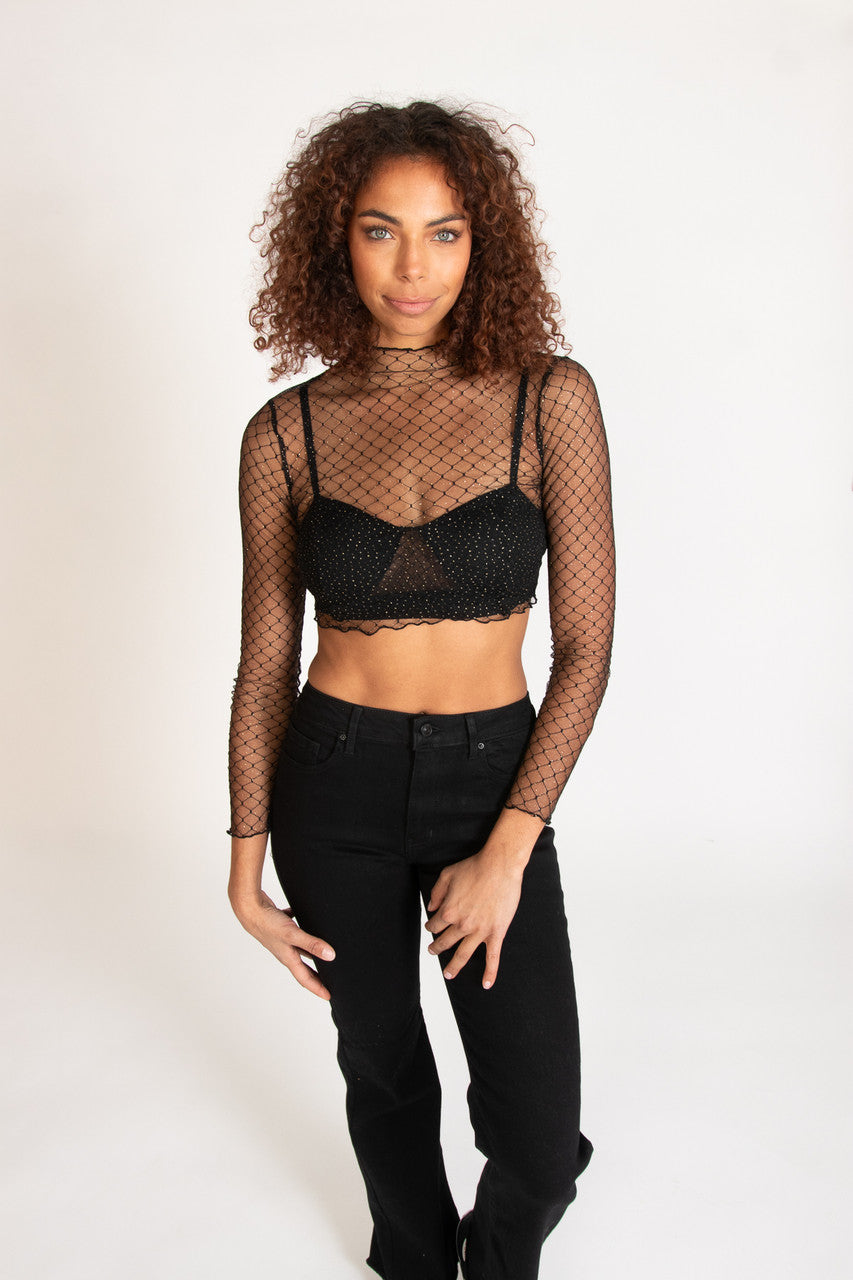 Gold Glitter Mesh Mock Neck Top