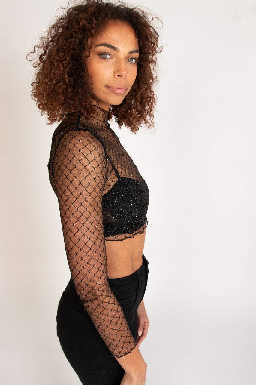 Gold Glitter Mesh Mock Neck Top