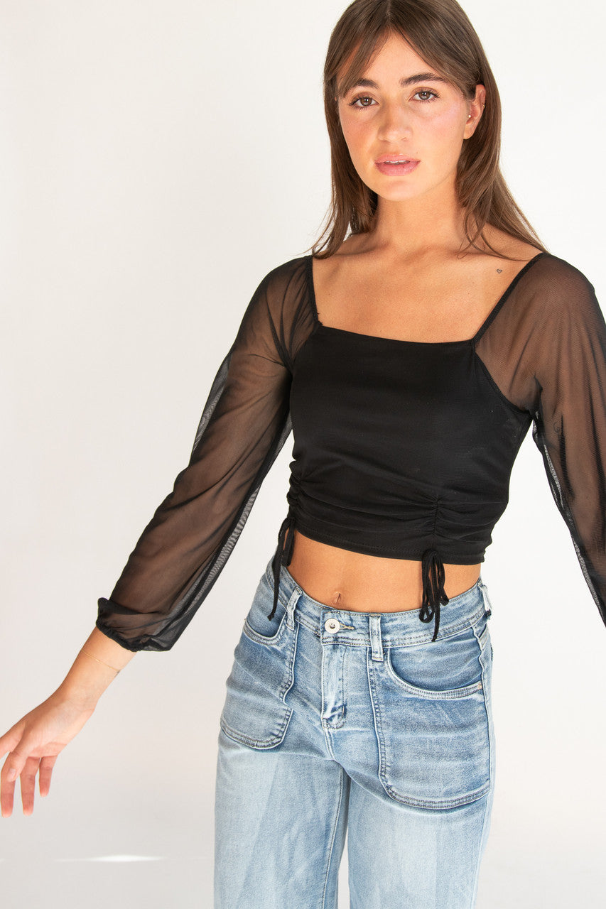 Mesh Ruched Front Long Sleeve Top
