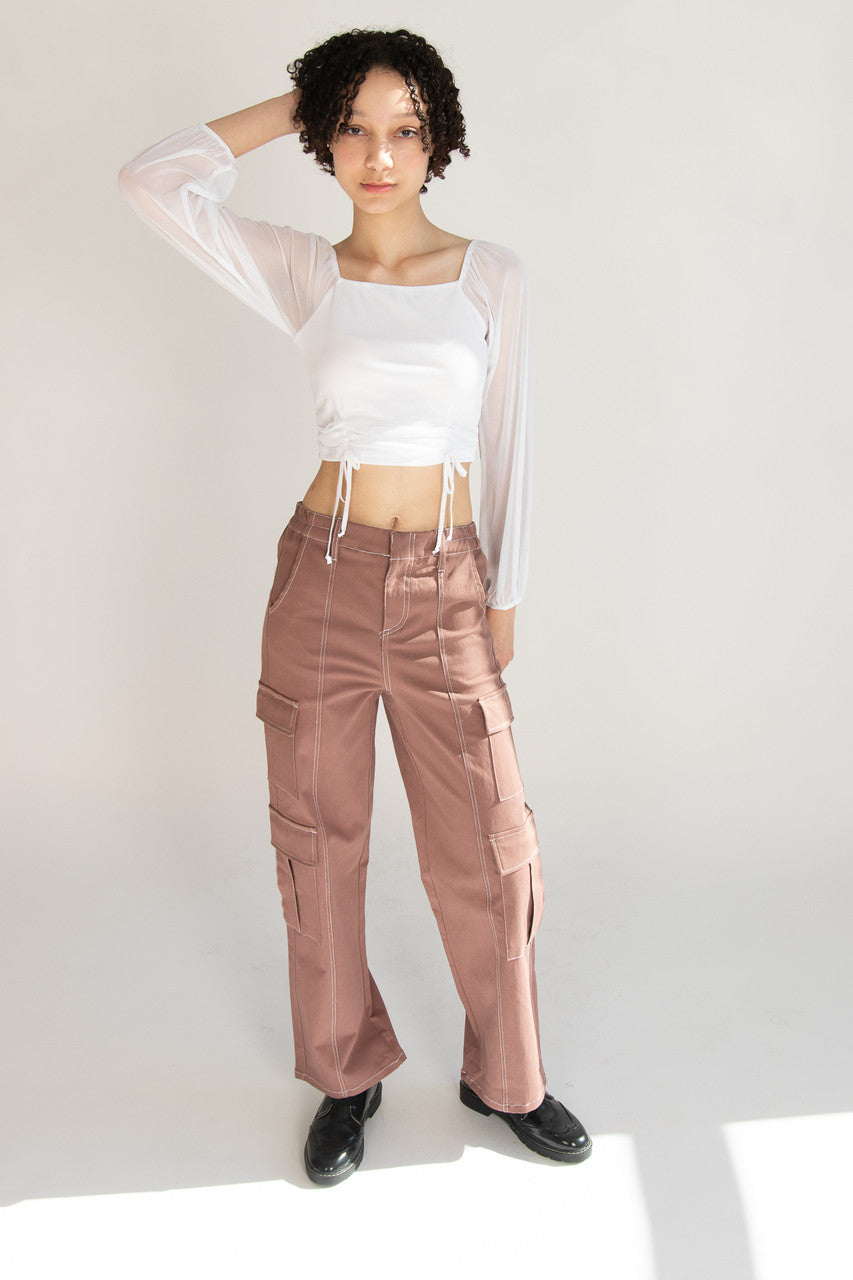 Mesh Ruched Front Long Sleeve Top