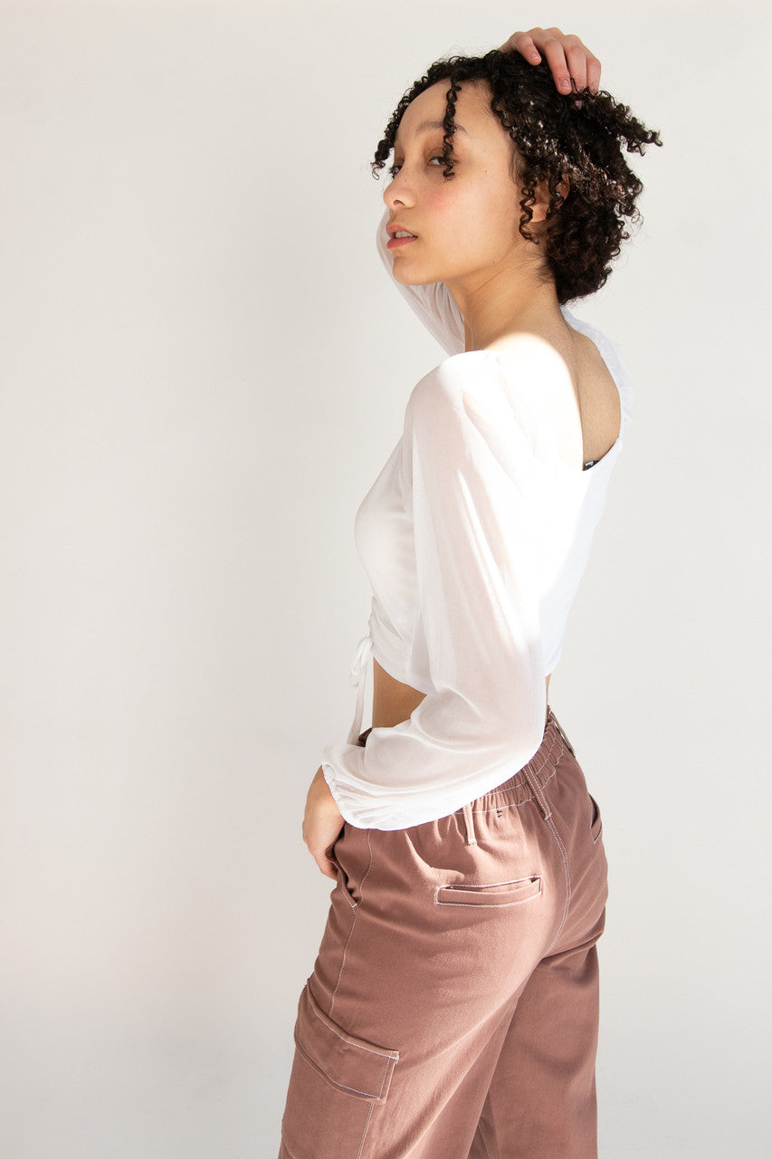 Mesh Ruched Front Long Sleeve Top