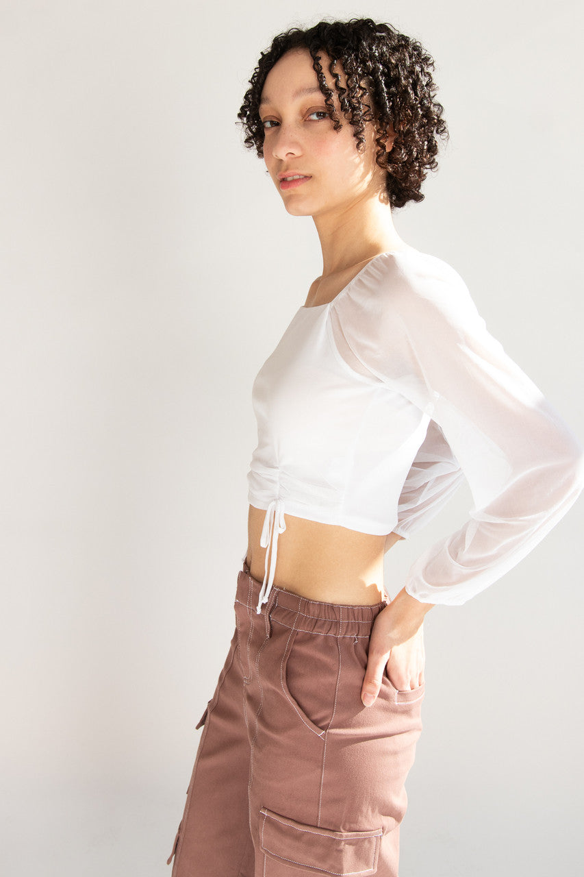 Mesh Ruched Front Long Sleeve Top