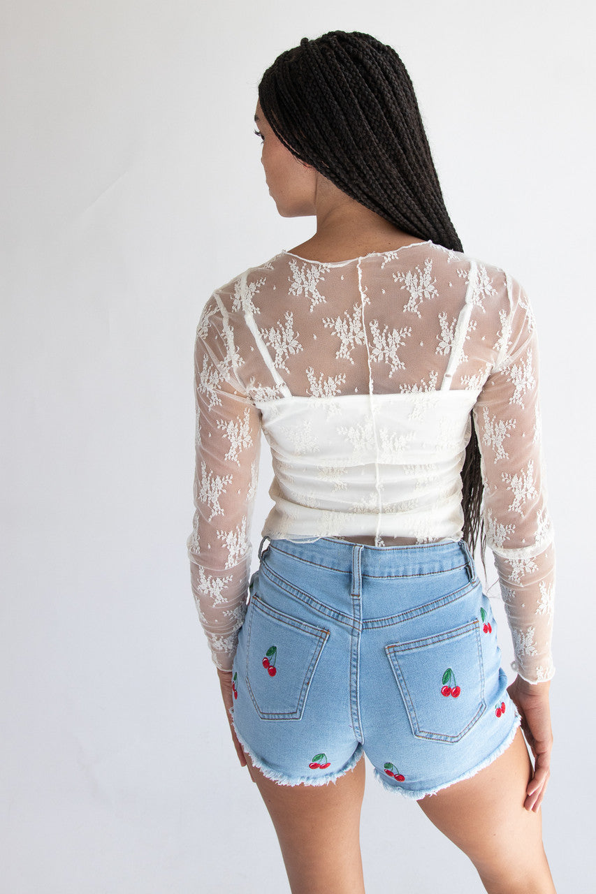 Long Sleeve Mesh Lace Top With Cami